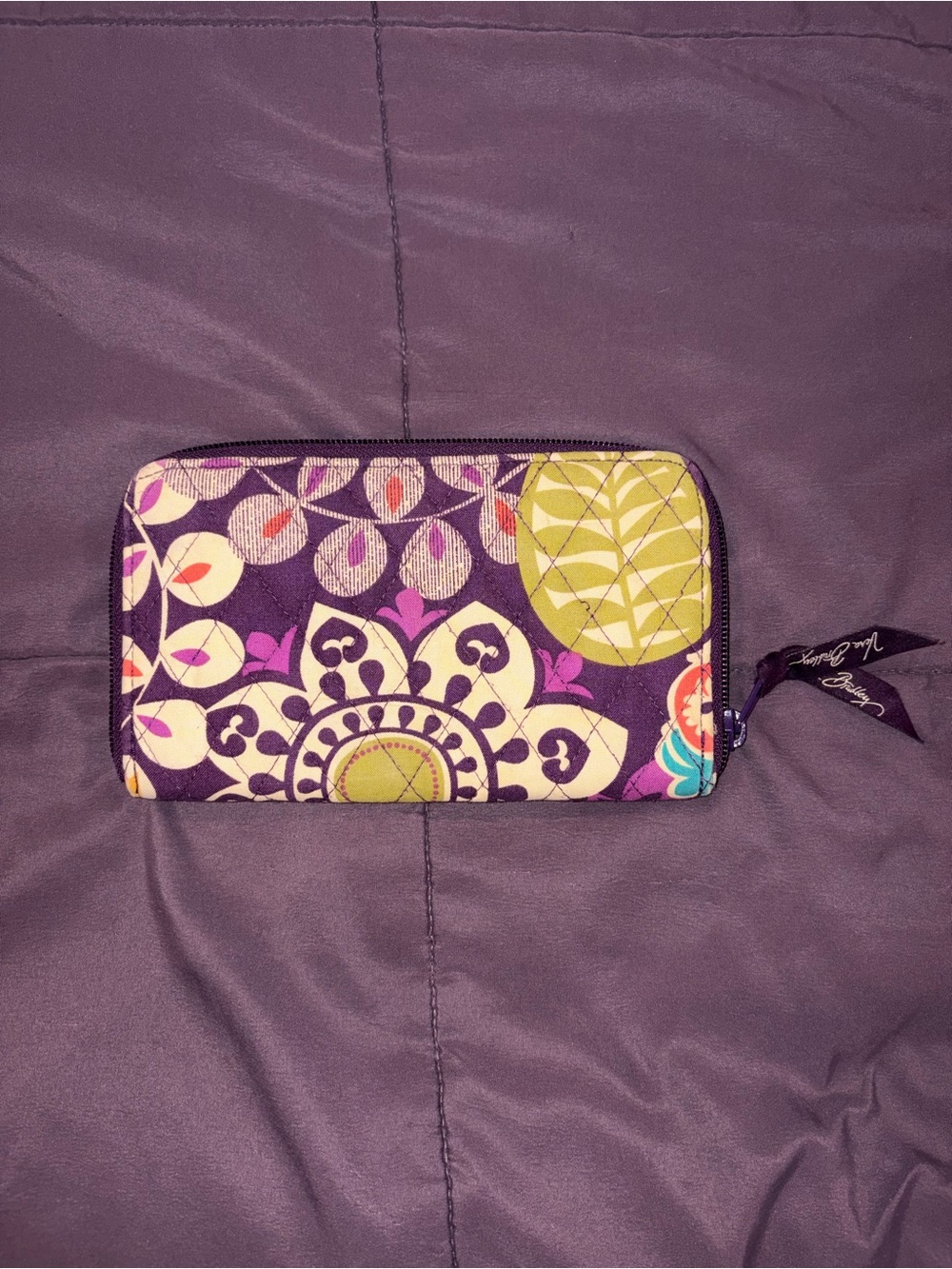 Vera Bradley Purple Floral Zip Wallet with Lime Accents